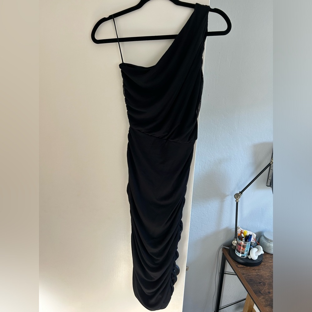 One shoulder black mesh dress